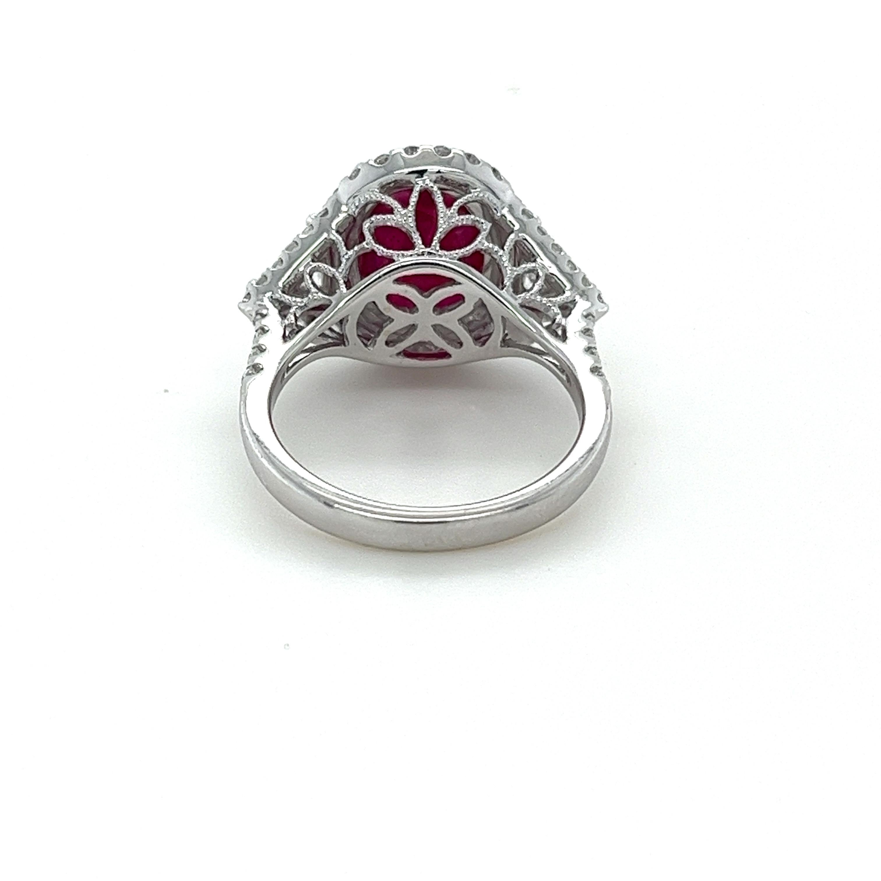 Oval Cut 4.28 Carat Ruby & Diamond Ring in 18 Karat White Gold For Sale