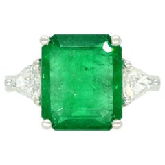 4.28 Carats Emerald Cut Natural Colombian Emerald Ring with 2 Trillion Diamonds