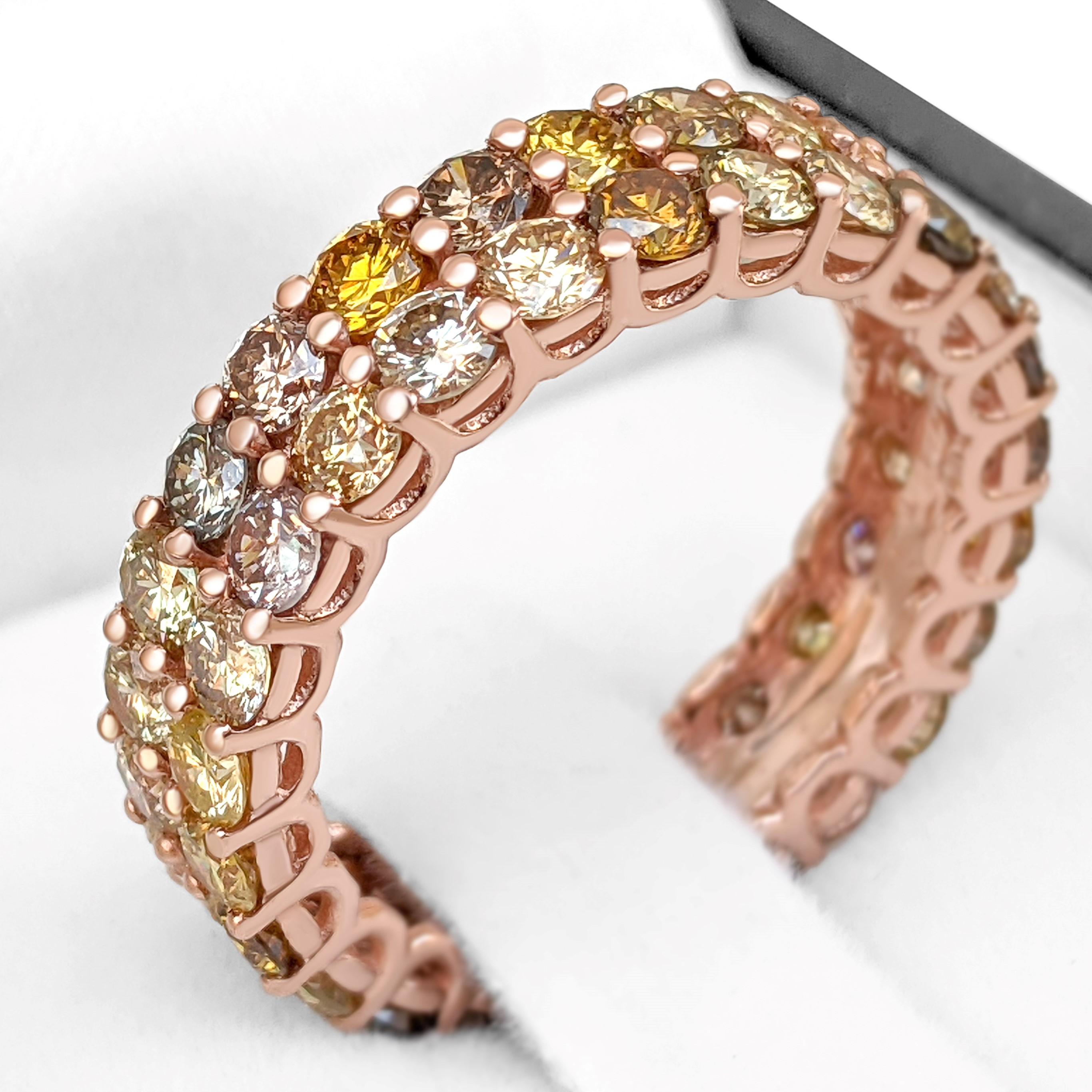 NO RESERVE - 4.28 Double Eternity Fancy Diamonds Band, 14 Karat Pink Gold Ring In New Condition In Ramat Gan, IL
