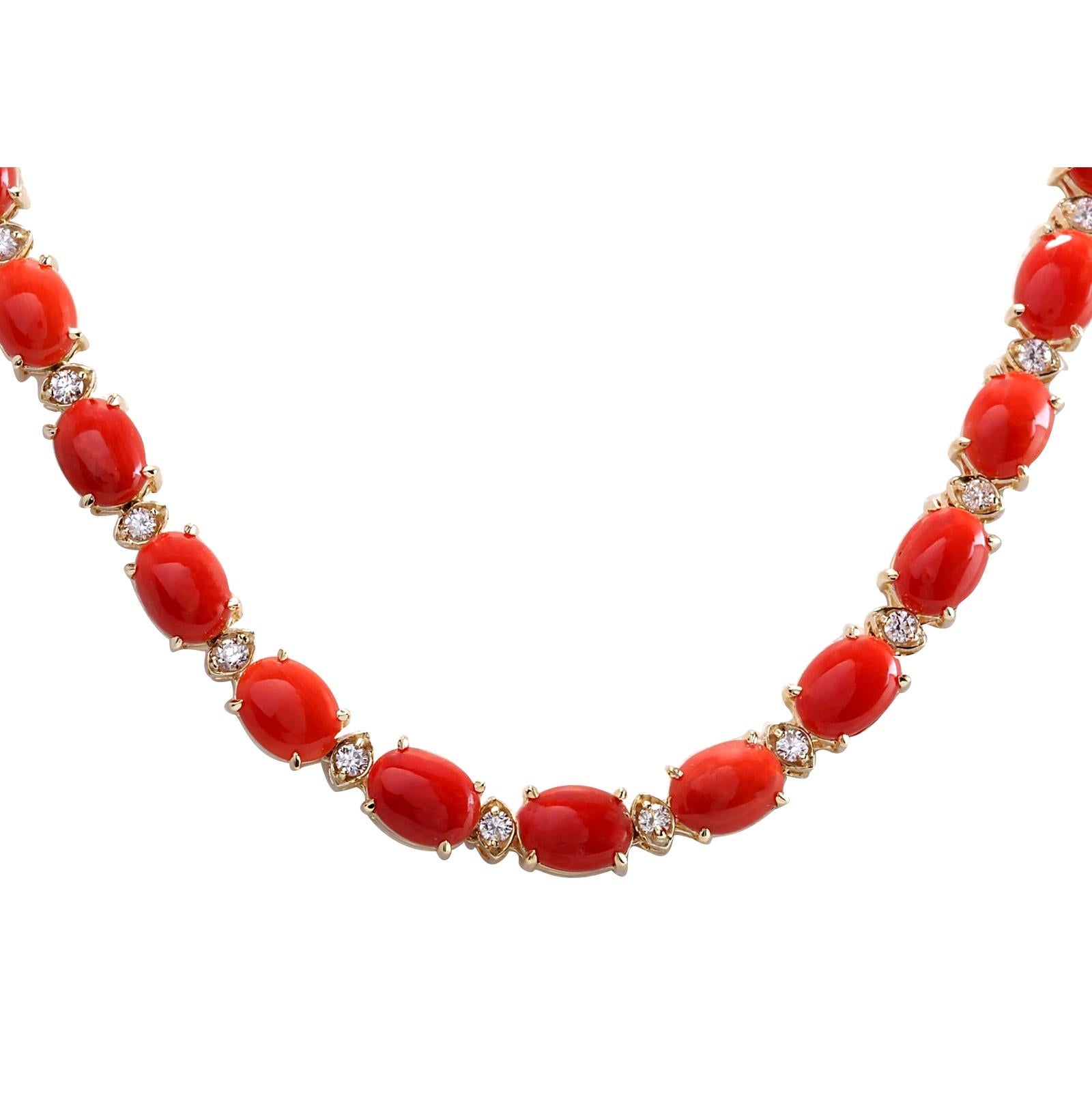 Natural Coral Diamond Necklace In 14 Karat Yellow Gold  In New Condition For Sale In Los Angeles, CA