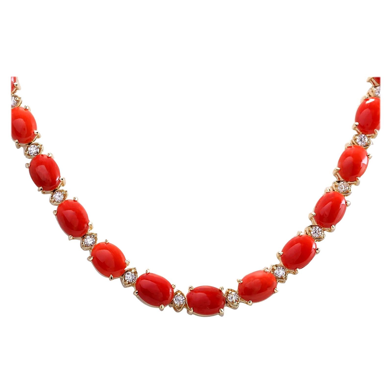 Natural Coral Diamond Necklace In 14 Karat Yellow Gold  For Sale