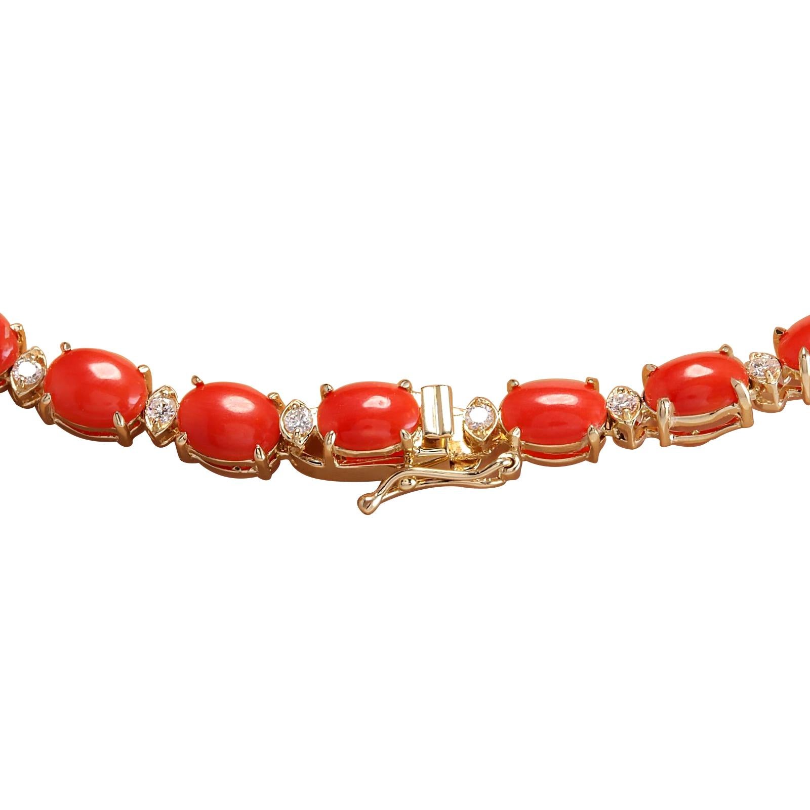 Stamped: 14K Yellow Gold
Total Necklace Weight: 34.0 Grams
Necklace Length: 17 Inches
Total Natural Coral Weight is 40.82 Carat (Measures: 6.00x4.00 mm)
Color: Red
Total Natural Diamond Weight is 2.00 Carat
Color: F-G, Clarity: VS2-SI1
Face