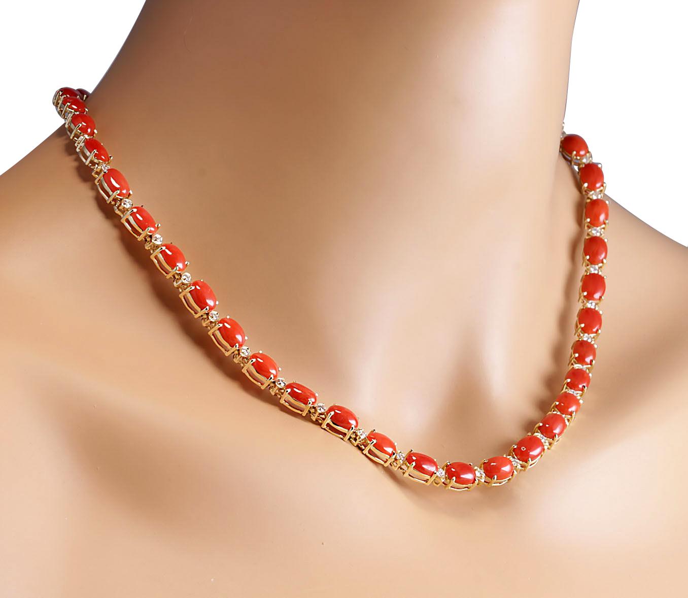 Oval Cut Natural Coral Diamond Necklace In 14 Karat Yellow Gold  For Sale