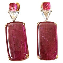 42.87 carats, Rubellite & Trillion Rose Cut Diamonds Chandelier/ Dangle Earrings