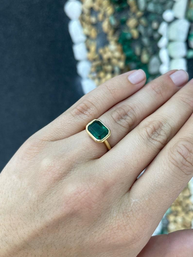 4.28ct 14K Natural Dark Alpine Green Emerald Cut Solitaire Gold Ring In New Condition For Sale In Jupiter, FL