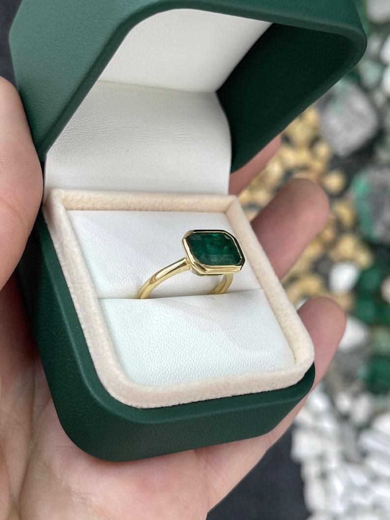 4.28ct 14K Natural Dark Alpine Green Emerald Cut Solitaire Gold Ring For Sale 1