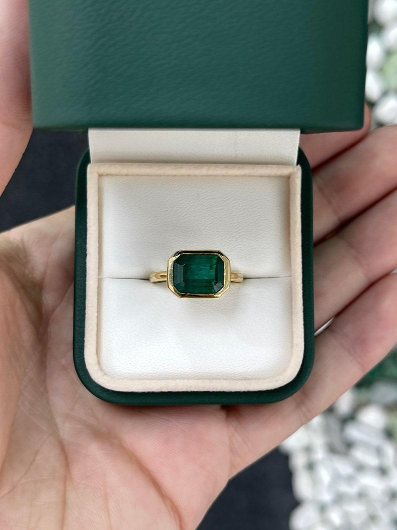 4.28ct 14K Natural Dark Alpine Green Emerald Cut Solitaire Gold Ring For Sale 2