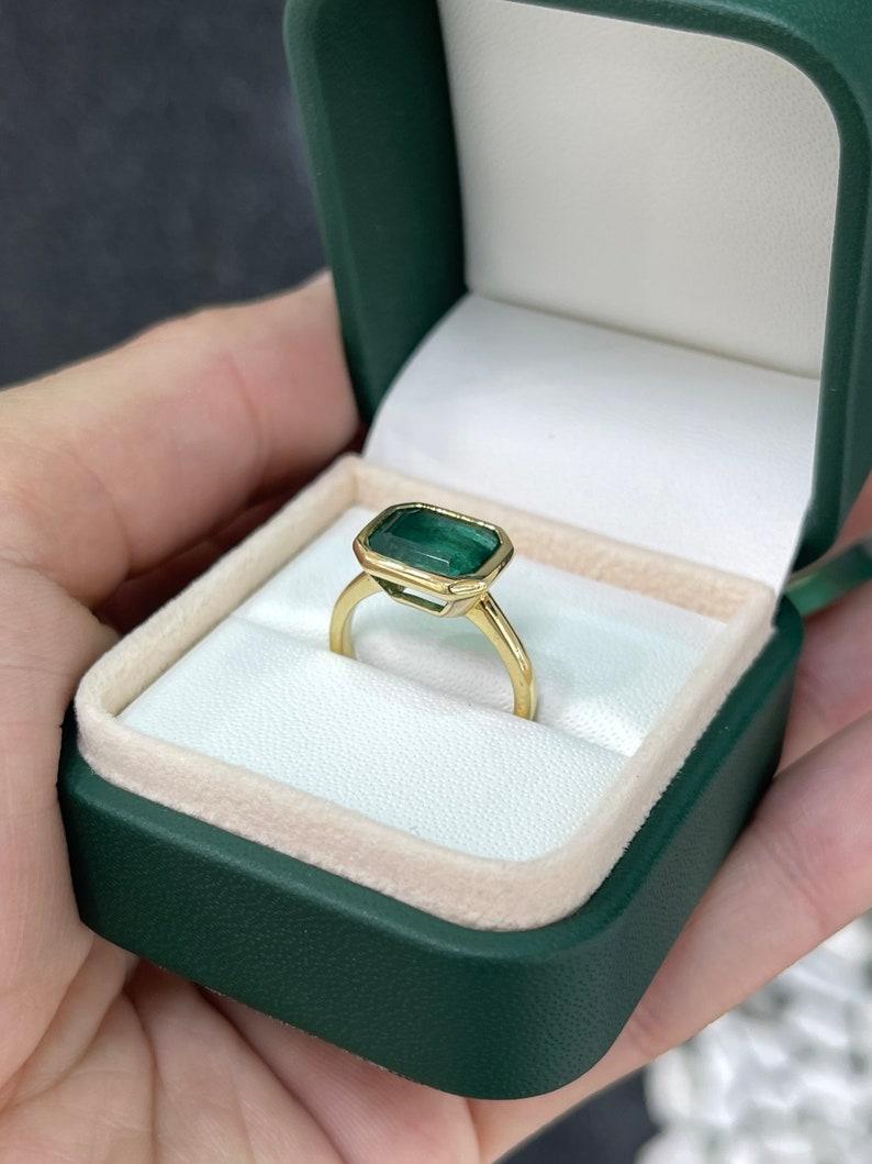 4.28ct 14K Natural Dark Alpine Green Emerald Cut Solitaire Gold Ring For Sale 3