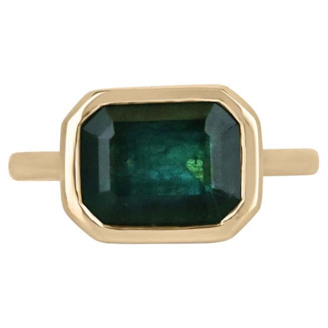 4.28ct 14K Natural Dark Alpine Green Emerald Cut Solitaire Gold Ring