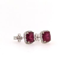 4.28ct Ruby Studs w Natural Diamond Halo in Solid 14K White Gold Cushion 7mm