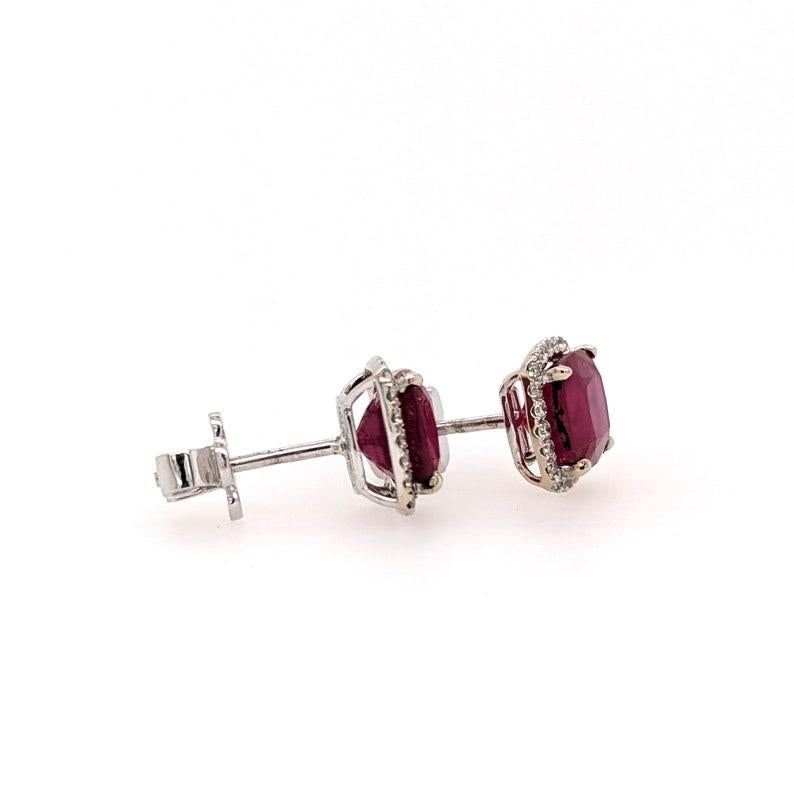 Modernist 4.28ct Ruby Studs w Natural Diamond Halo in Solid 14K White Gold Cushion 7mm For Sale