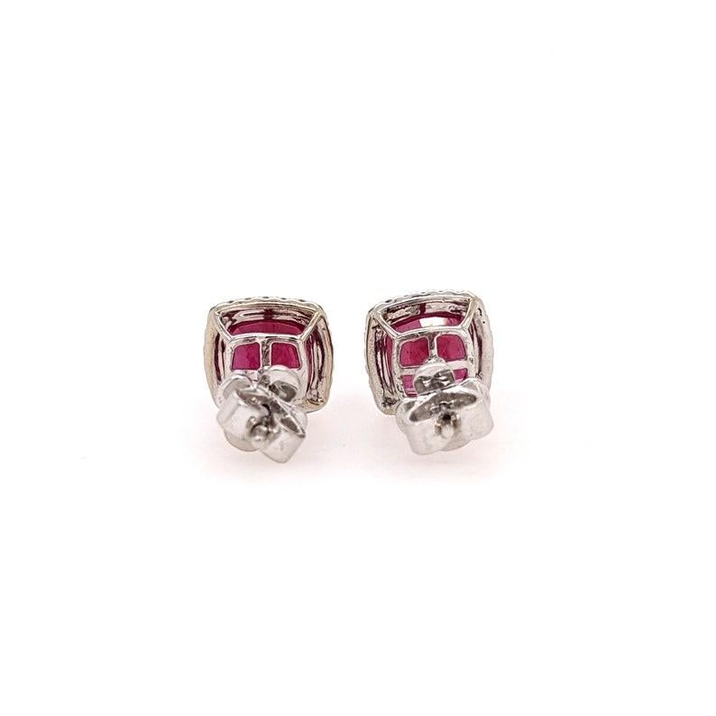 Cushion Cut 4.28ct Ruby Studs w Natural Diamond Halo in Solid 14K White Gold Cushion 7mm