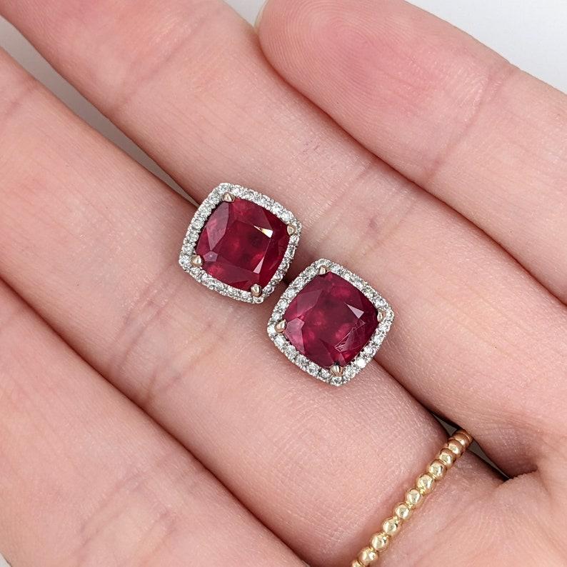 4.28ct Ruby Studs w Natural Diamond Halo in Solid 14K White Gold Cushion 7mm In New Condition For Sale In Columbus, OH