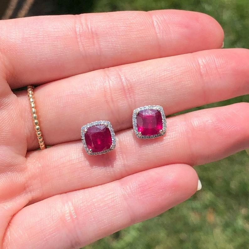 Women's 4.28ct Ruby Studs w Natural Diamond Halo in Solid 14K White Gold Cushion 7mm