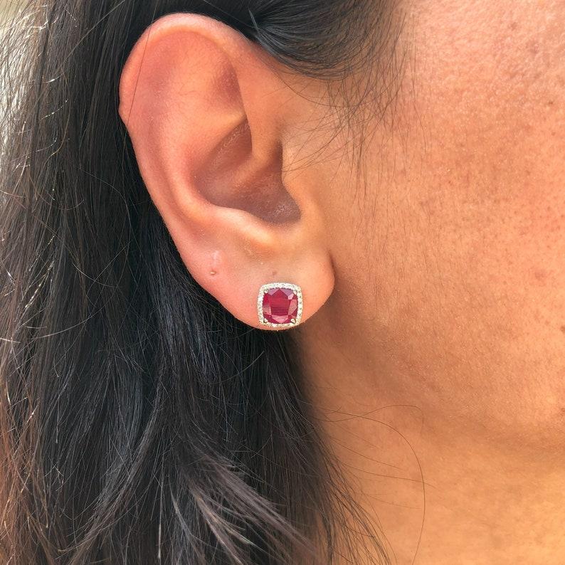 4.28ct Ruby Studs w Natural Diamond Halo in Solid 14K White Gold Cushion 7mm 1