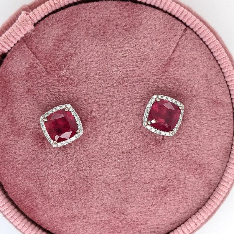 4.28ct Ruby Studs w Natural Diamond Halo in Solid 14K White Gold Cushion 7mm For Sale 2