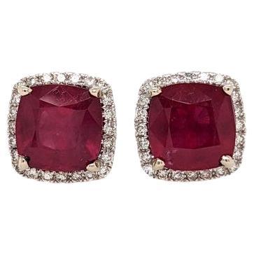 4.28ct Ruby Studs w Natural Diamond Halo in Solid 14K White Gold Cushion 7mm en vente
