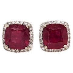 4.28ct Ruby Studs w Natural Diamond Halo in Solid 14K White Gold Cushion 7mm