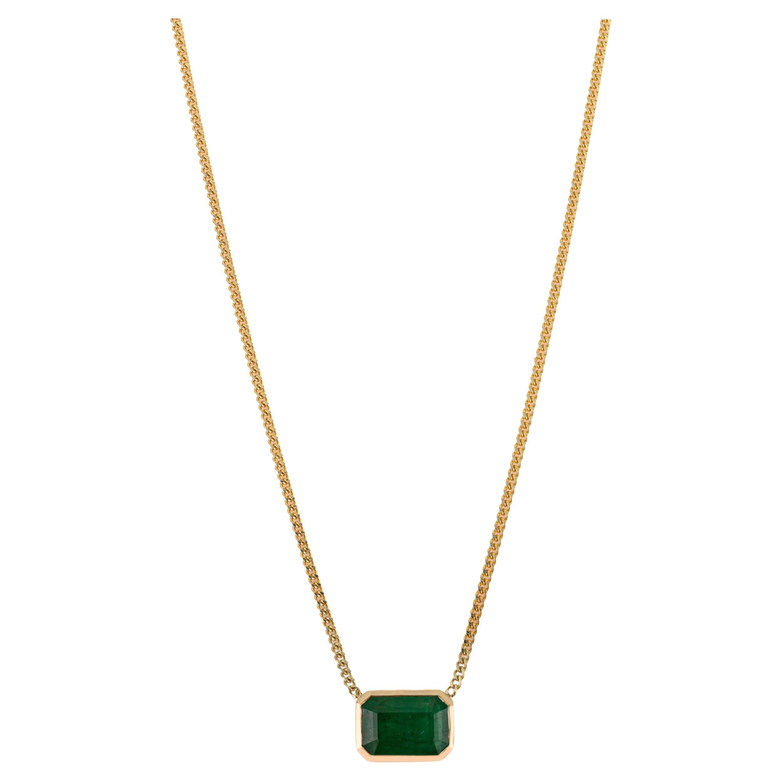 4.28Ct Zambian Emerald Solitaire Pendant Necklace in 14K Yellow Gold Curb Chain
