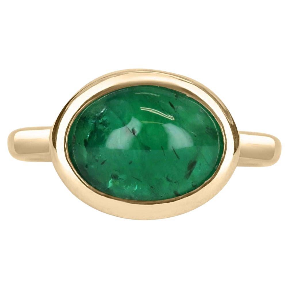 4.28cts 14K Natural Emerald-Oval Cut Cabochon Solitaire Gold Ring For Sale