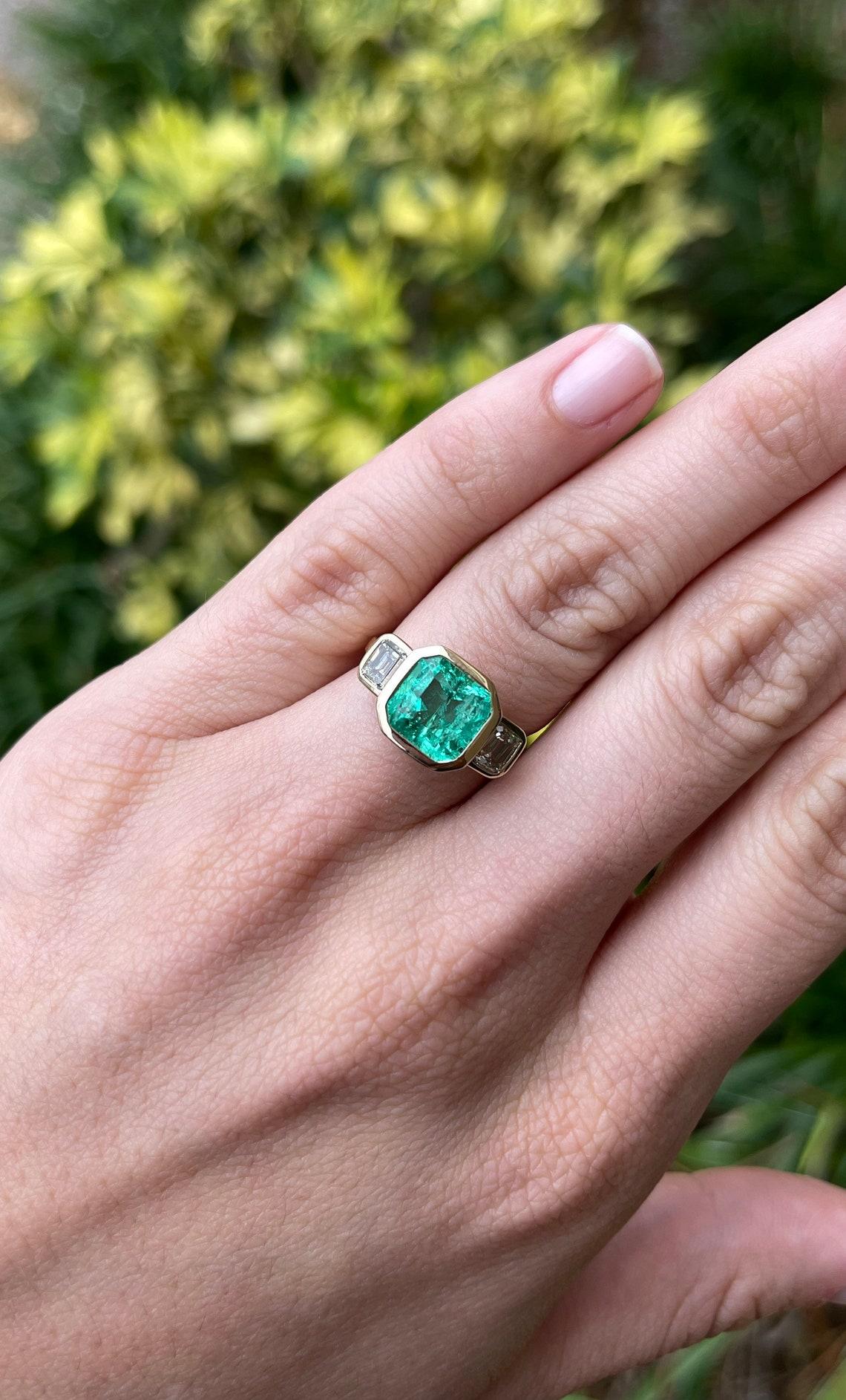Modern 4.28tcw 14K Three Stone Colombian Emerald & Diamond Ring