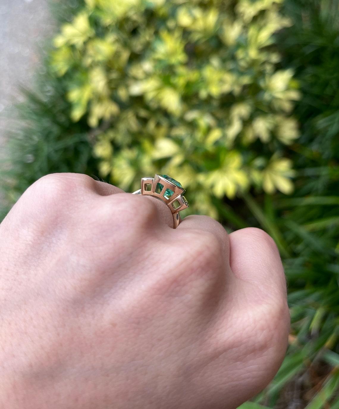 Emerald Cut 4.28tcw 14K Three Stone Colombian Emerald & Diamond Ring