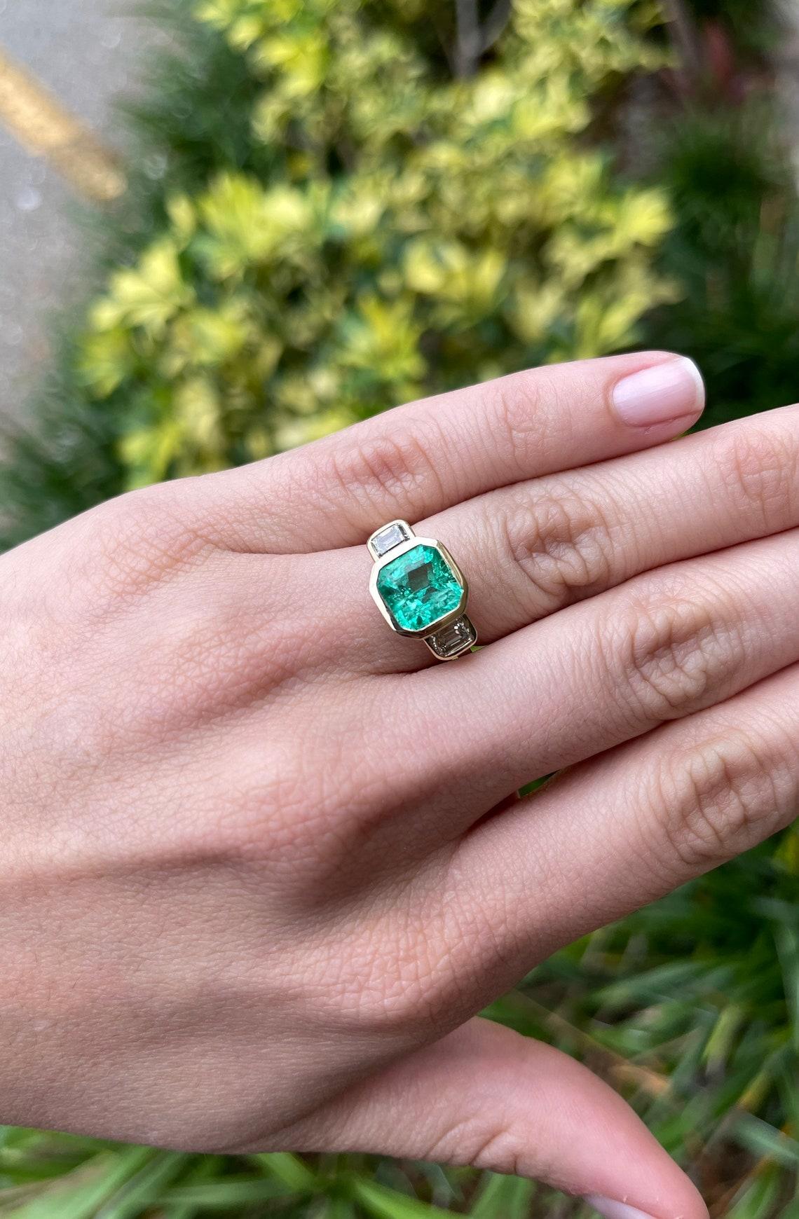 4.28tcw 14K Three Stone Colombian Emerald & Diamond Ring 1