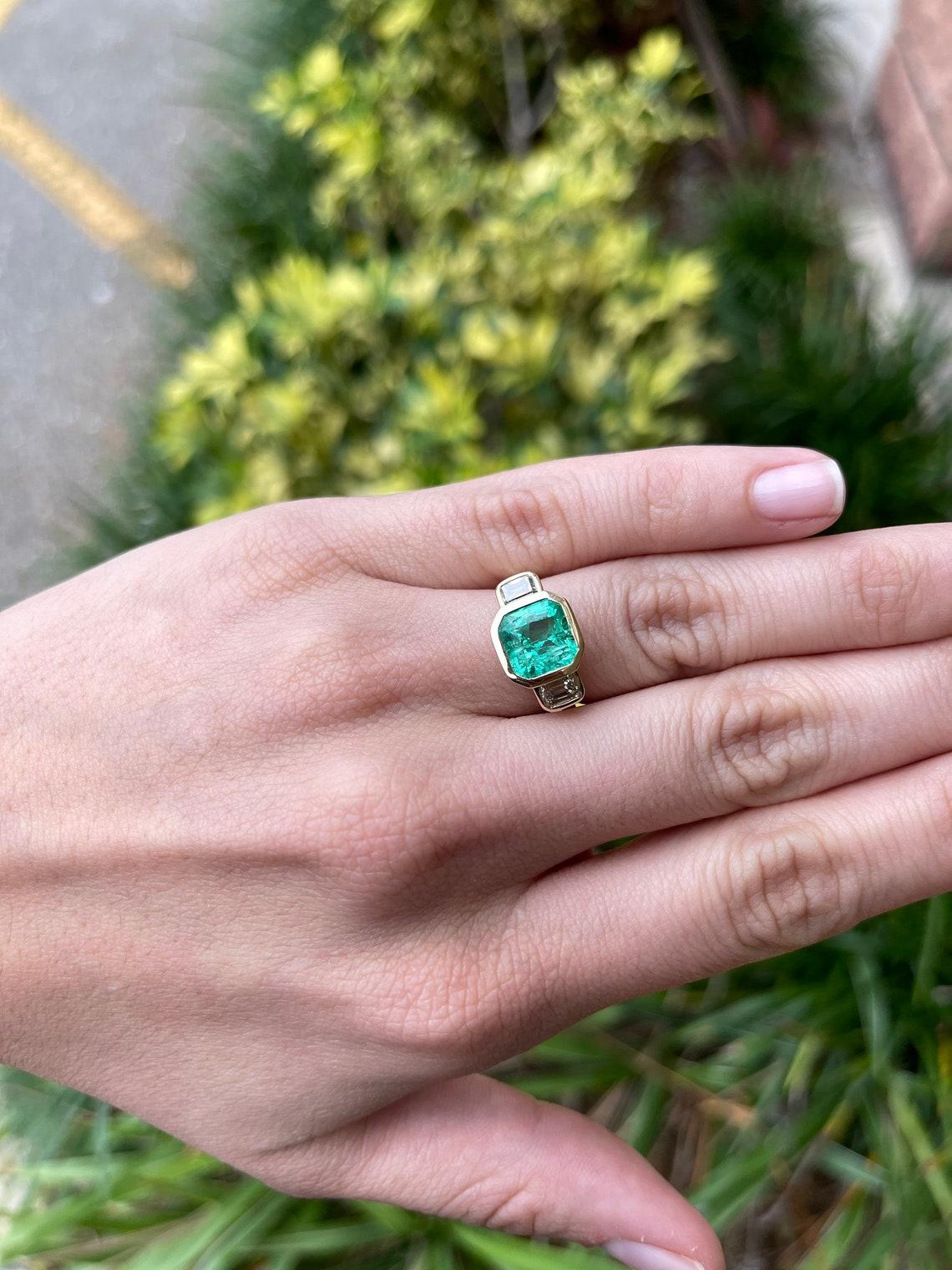 4.28tcw 14K Three Stone Colombian Emerald & Diamond Ring 2