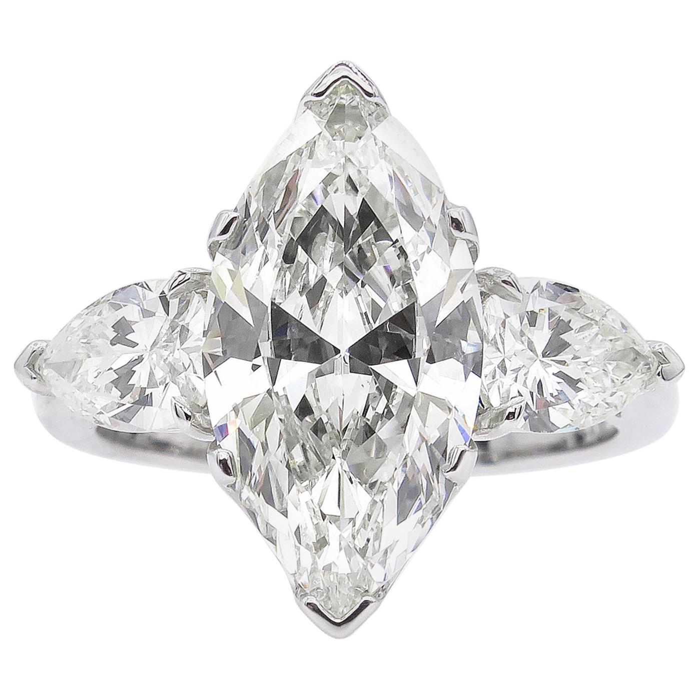 4.29 Carat Estate Vintage Marquise Diamond 3-Stone Wedding Platinum Ring
