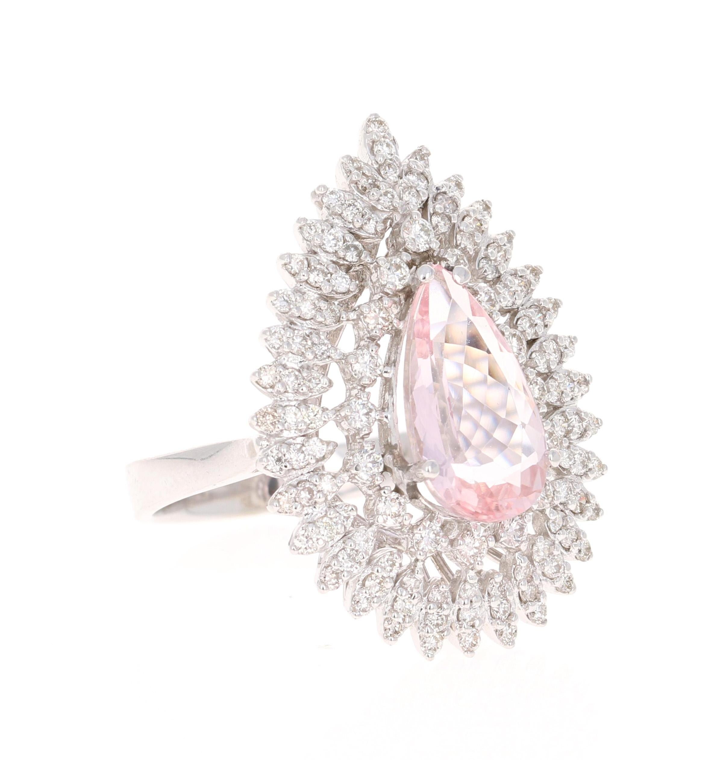 Gorgeous and Unique Morganite Diamond Ring! 

This Morganite ring has a gorgeous 2.92 Carat Pear Cut Pink Morganite and is surrounded by 112 Round Cut Diamonds that weigh 1.37 Carats.  The diamonds have a clarity and color of VS-H The total carat