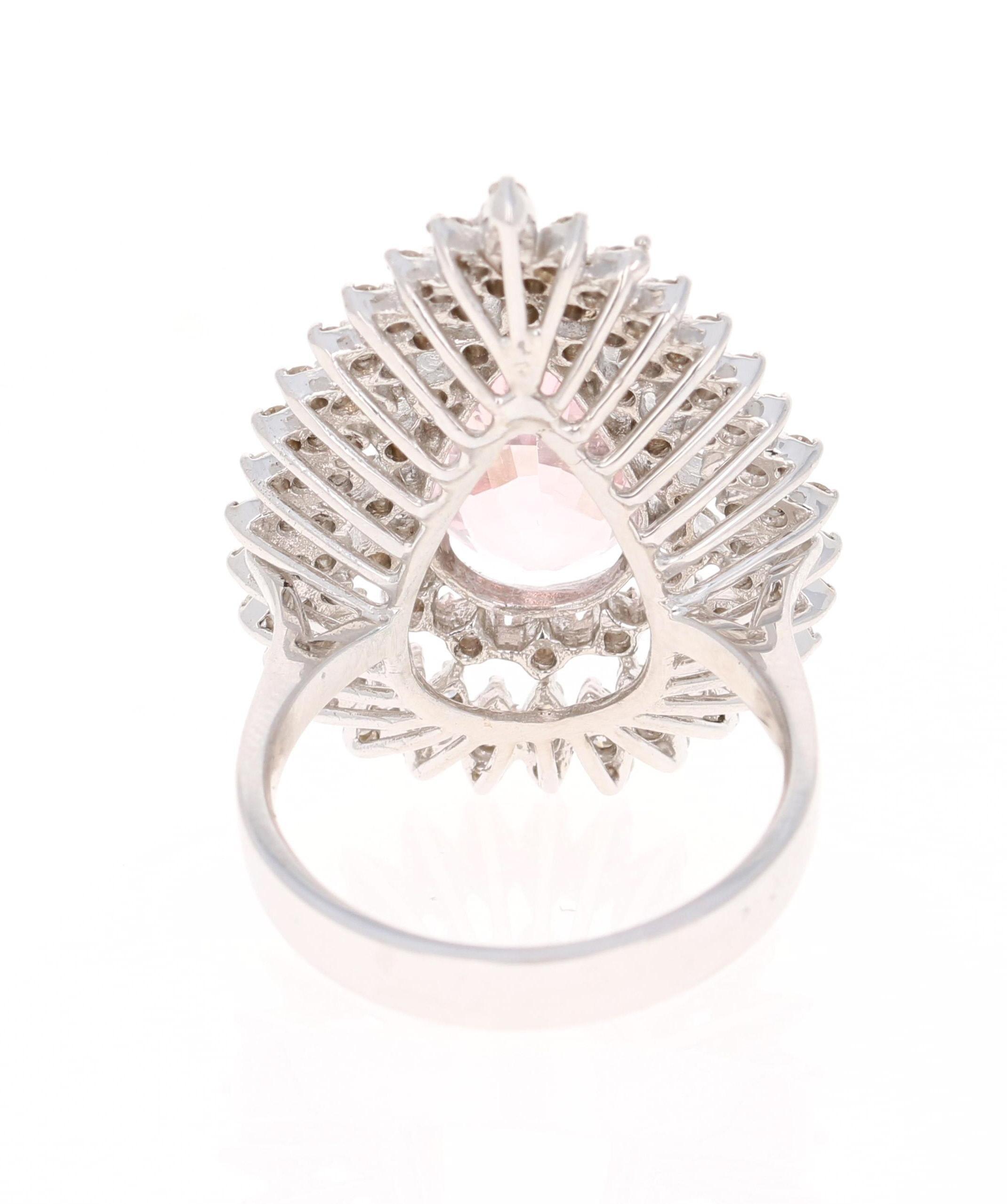 Pear Cut 4.29 Carat Morganite Diamond 18 Karat White Gold Cocktail Ring For Sale