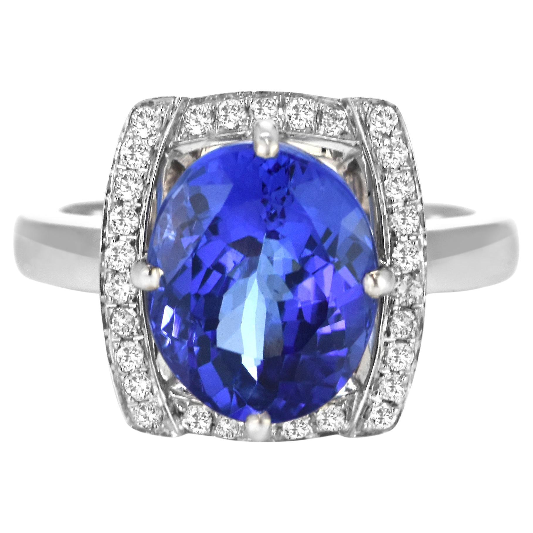 4.29 Carat Natural 'AAA' Tanzanite and Diamond Ring Made in 18 Karat White Gold