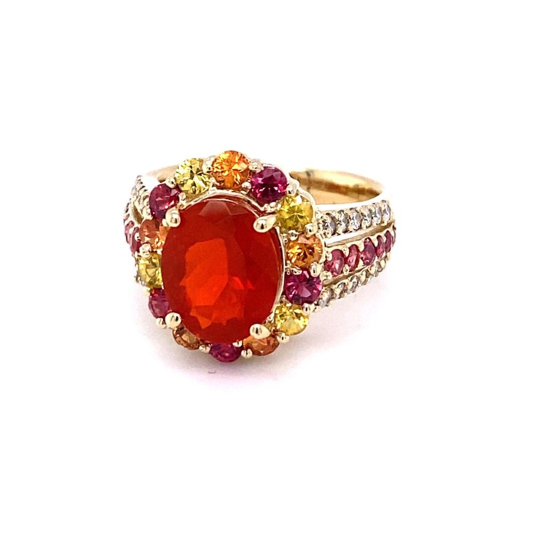 4.29 Carat Oval Cut Fire Opal Sapphire Diamond Yellow Gold Cocktail Ring In New Condition For Sale In Los Angeles, CA