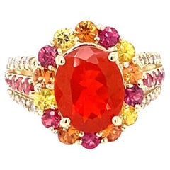 4.29 Carat Oval Cut Fire Opal Sapphire Diamond Yellow Gold Cocktail Ring