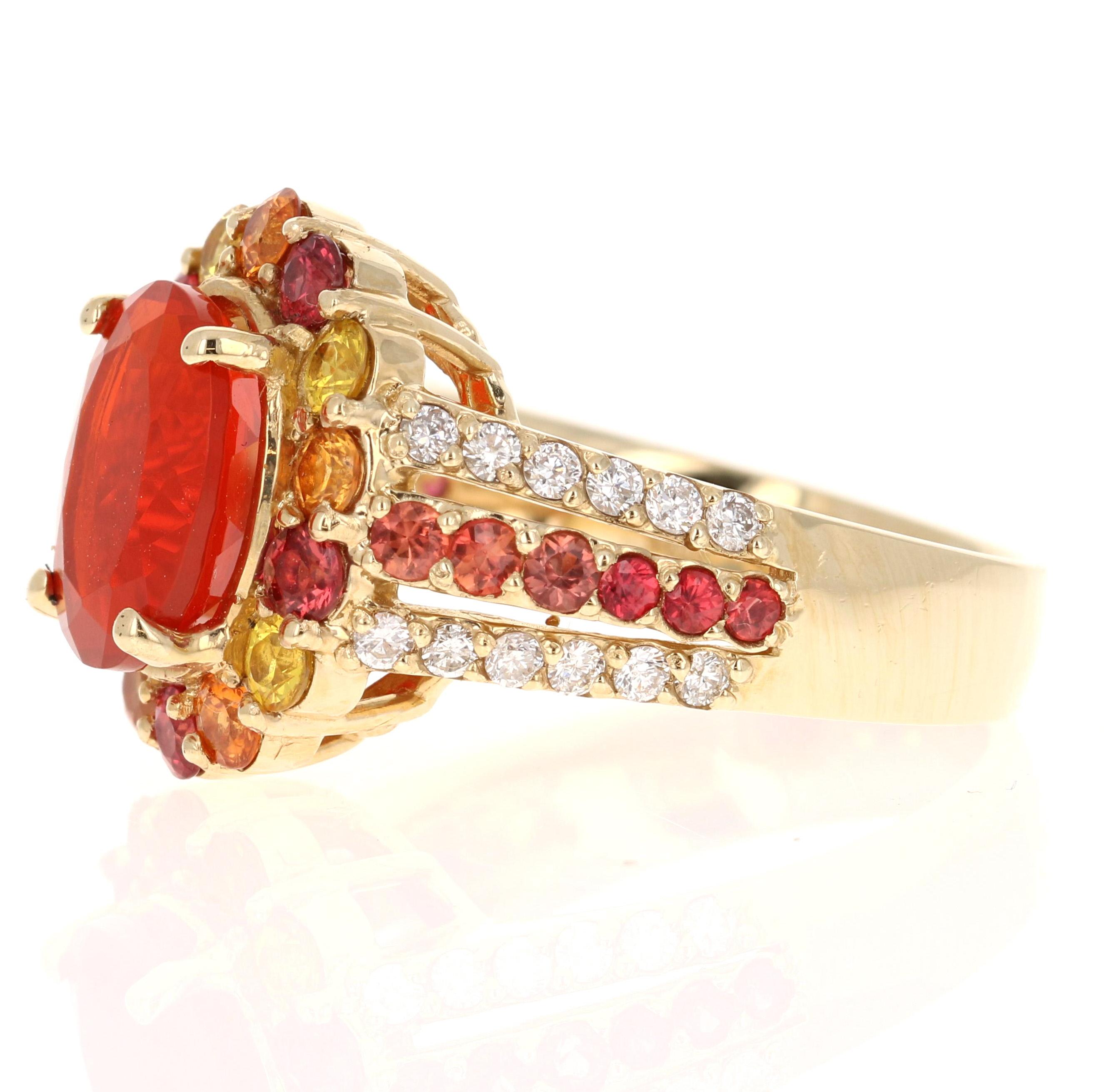 Contemporary 4.29 Carat Oval Cut Fire Opal Sapphire Diamond Yellow Gold Cocktail Ring For Sale