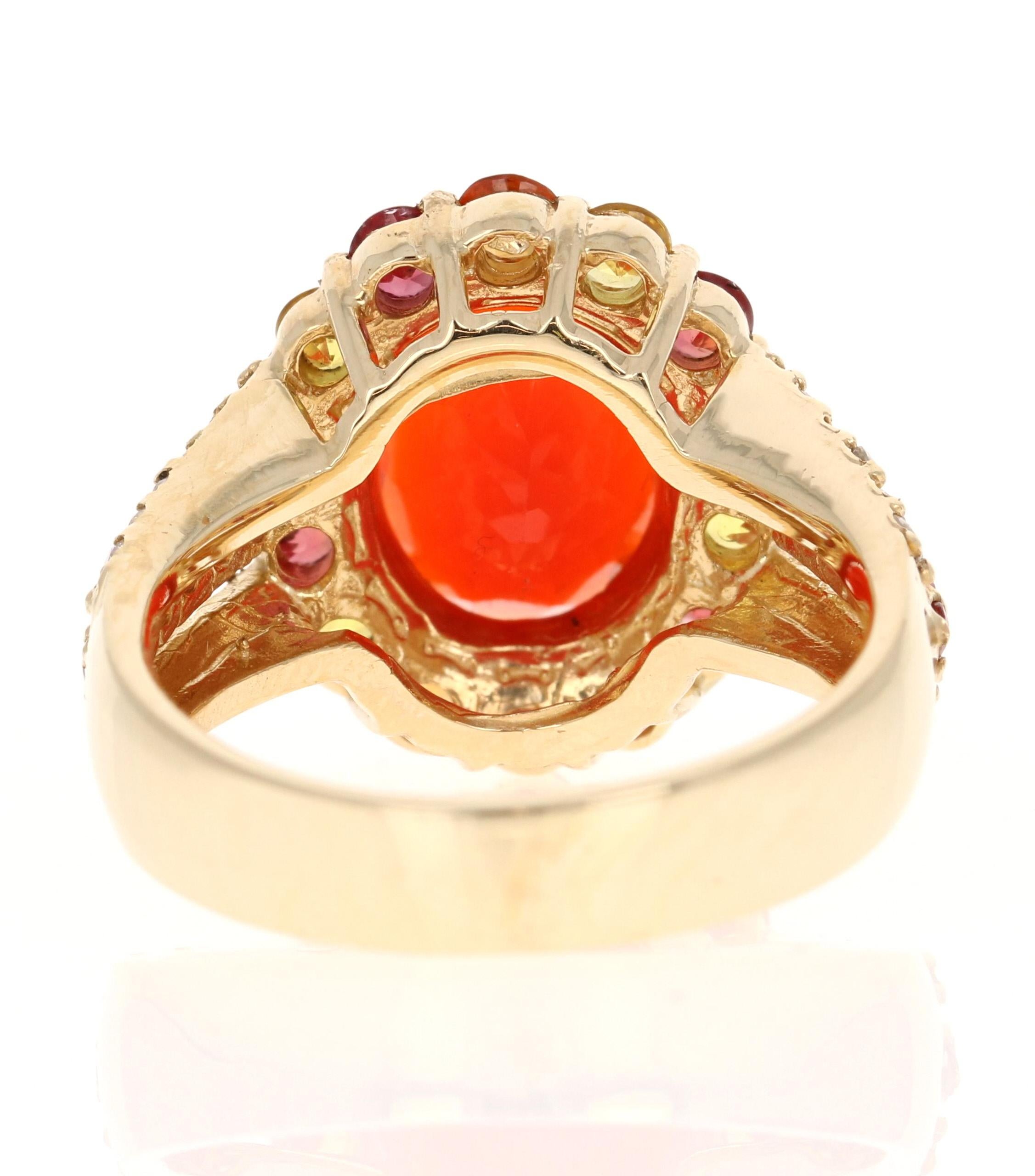 4.29 Carat Oval Cut Fire Opal Sapphire Diamond Yellow Gold Cocktail Ring In New Condition For Sale In Los Angeles, CA