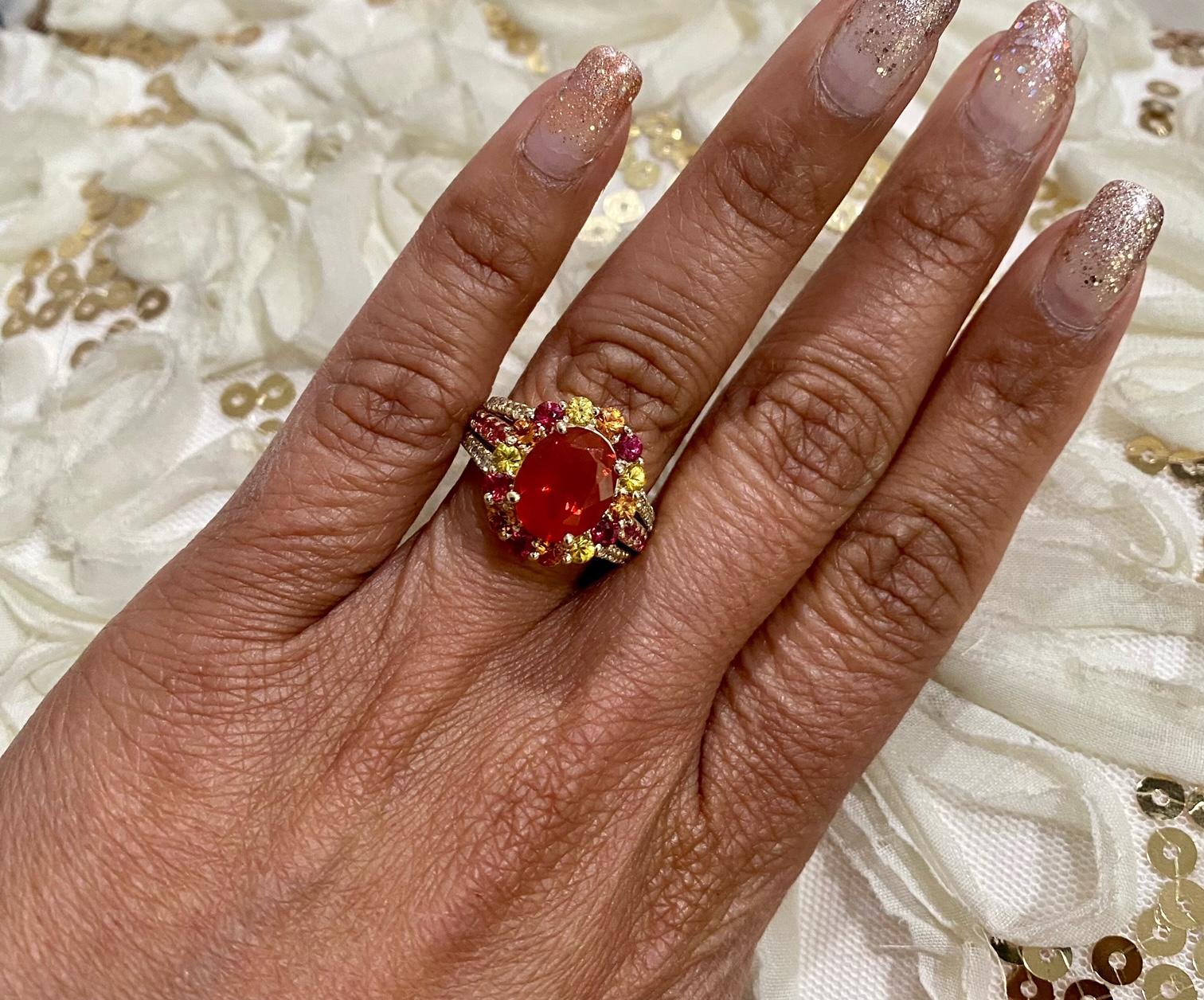 4.29 Carat Oval Cut Fire Opal Sapphire Diamond Yellow Gold Cocktail Ring For Sale 2