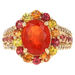 4.29 Carat Oval Cut Fire Opal Sapphire Diamond Yellow Gold Cocktail Ring