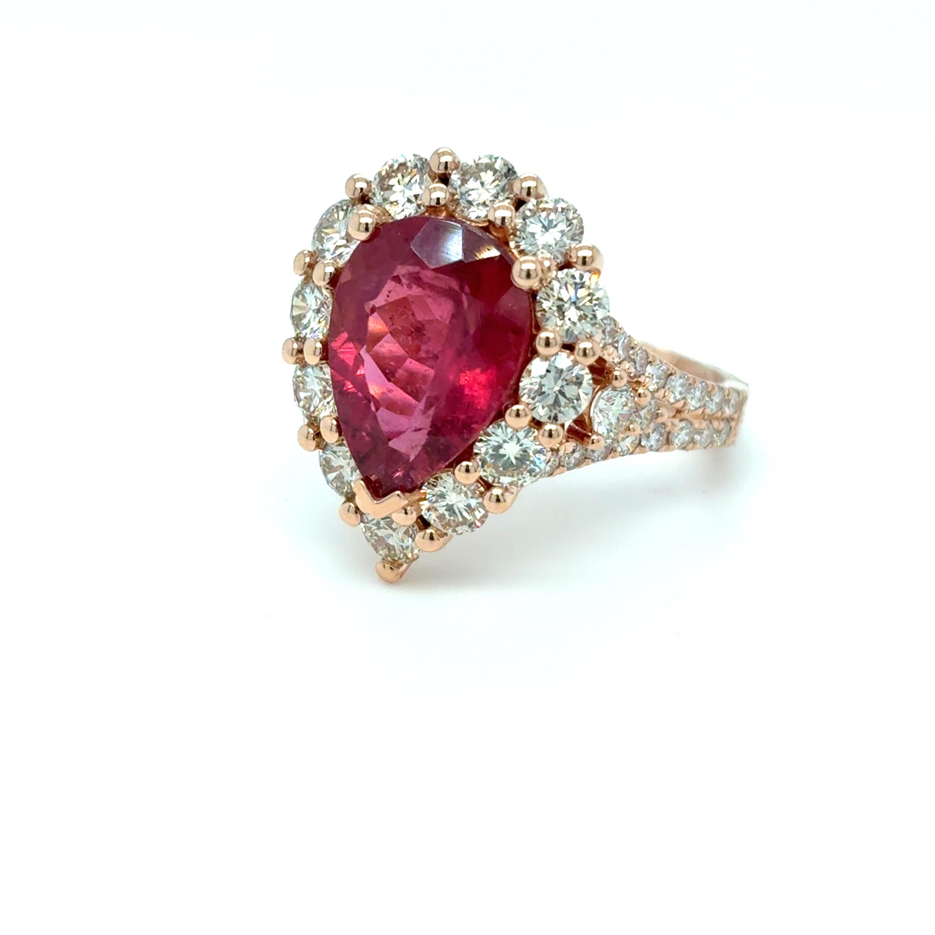 4.29 Carat Pear Cut Rubellite Diamond Rose Gold Cocktail Ring For Sale 5