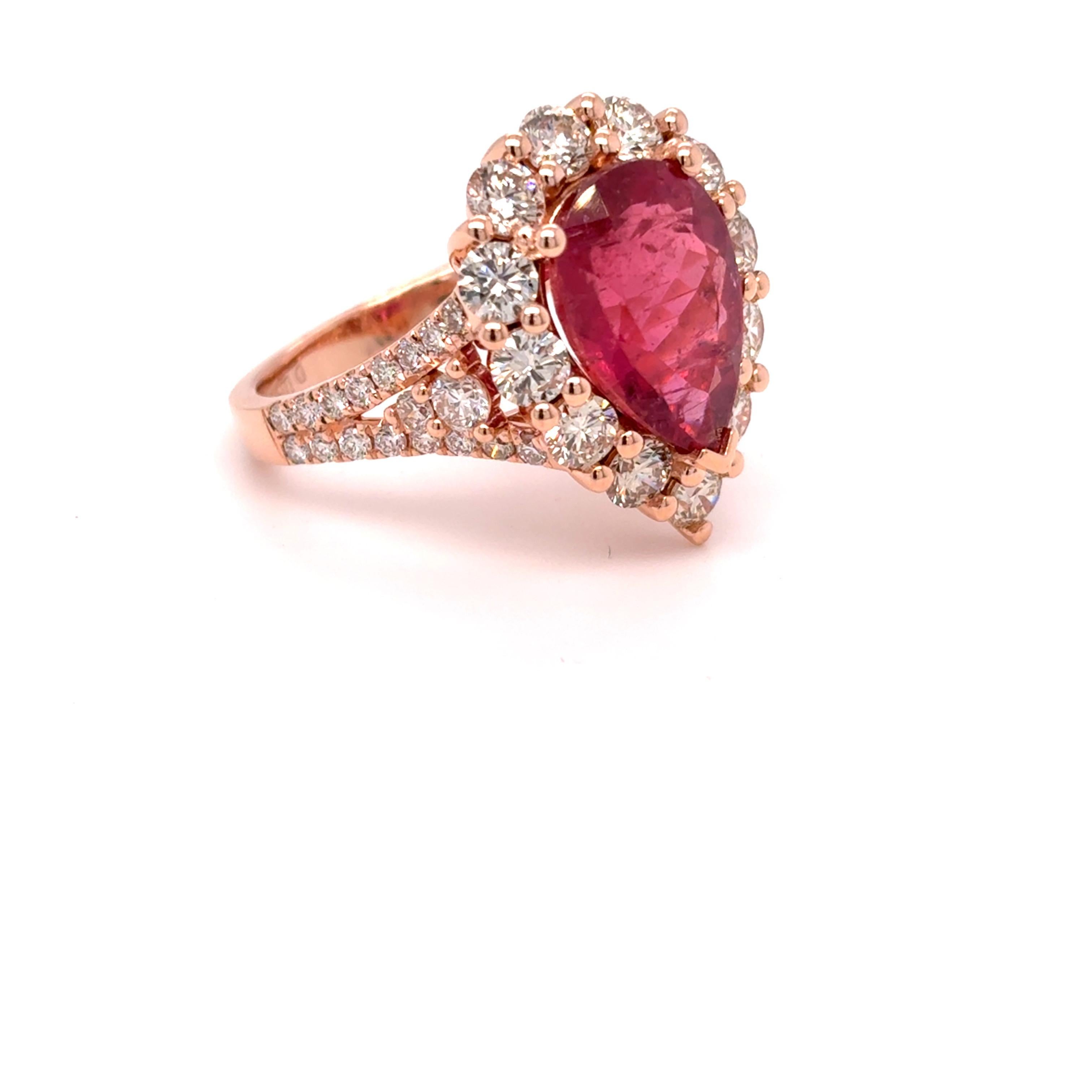 Artisan 4.29 Carat Pear Cut Rubellite Diamond Rose Gold Cocktail Ring For Sale