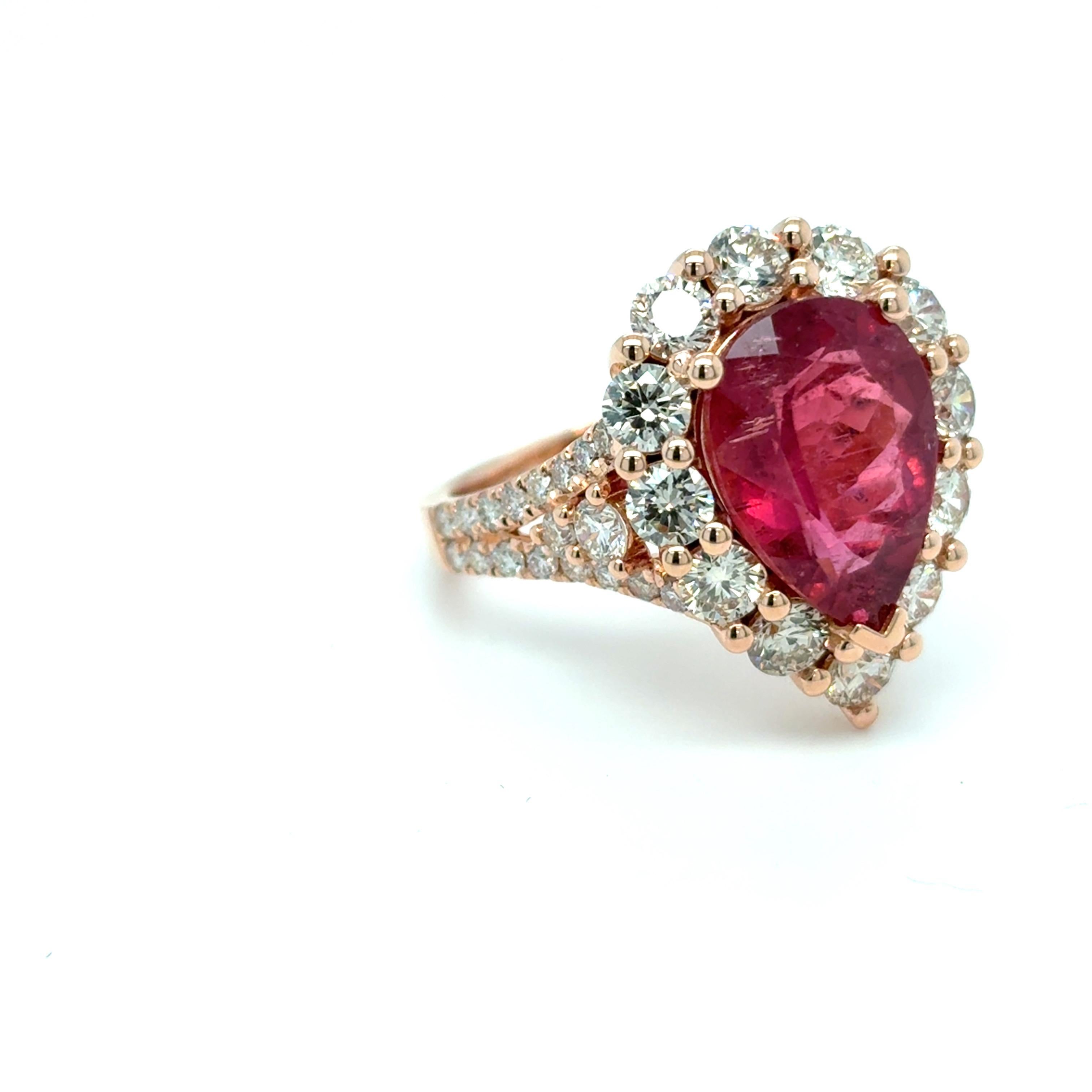 4.29 Carat Pear Cut Rubellite Diamond Rose Gold Cocktail Ring In New Condition For Sale In Trumbull, CT