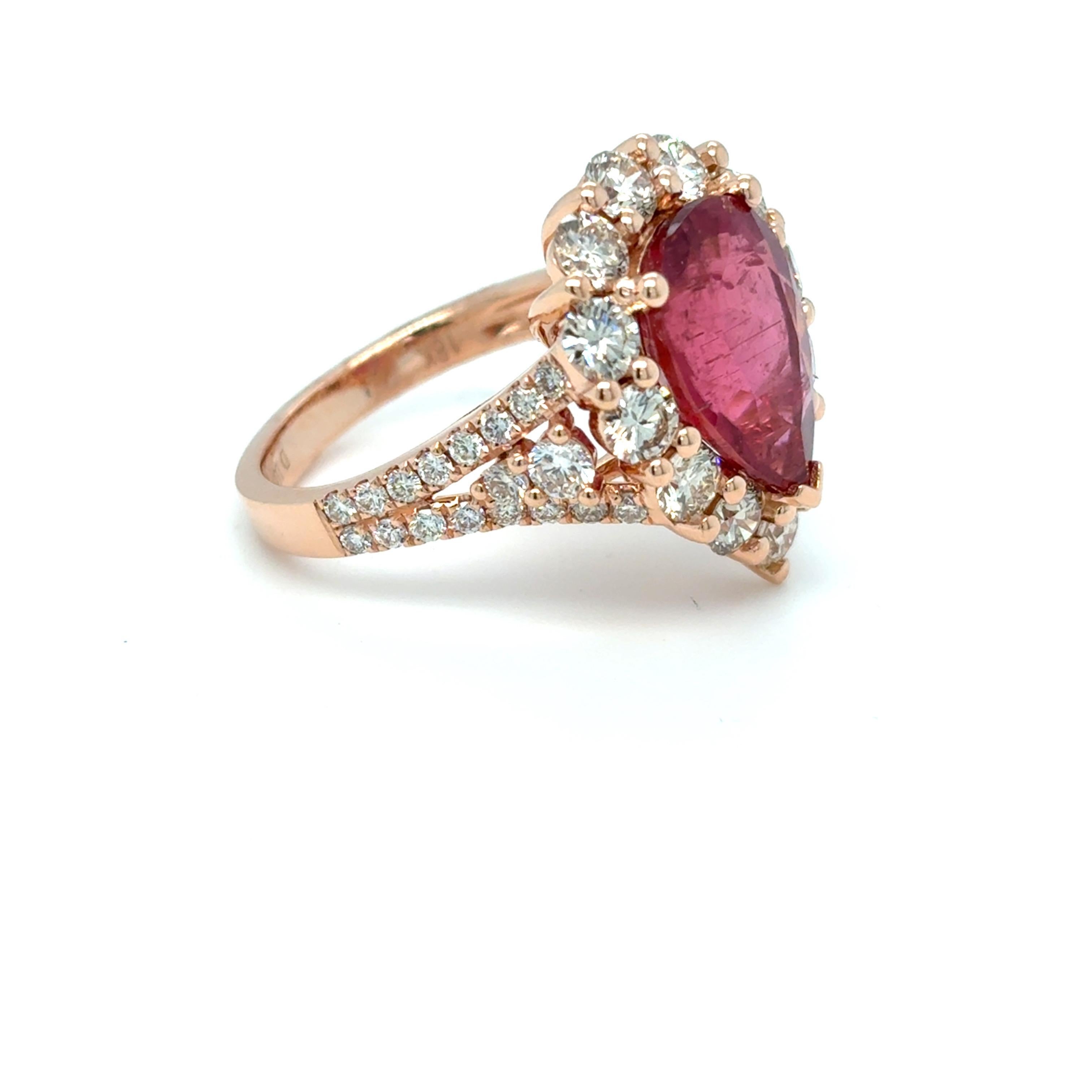 Women's 4.29 Carat Pear Cut Rubellite Diamond Rose Gold Cocktail Ring For Sale