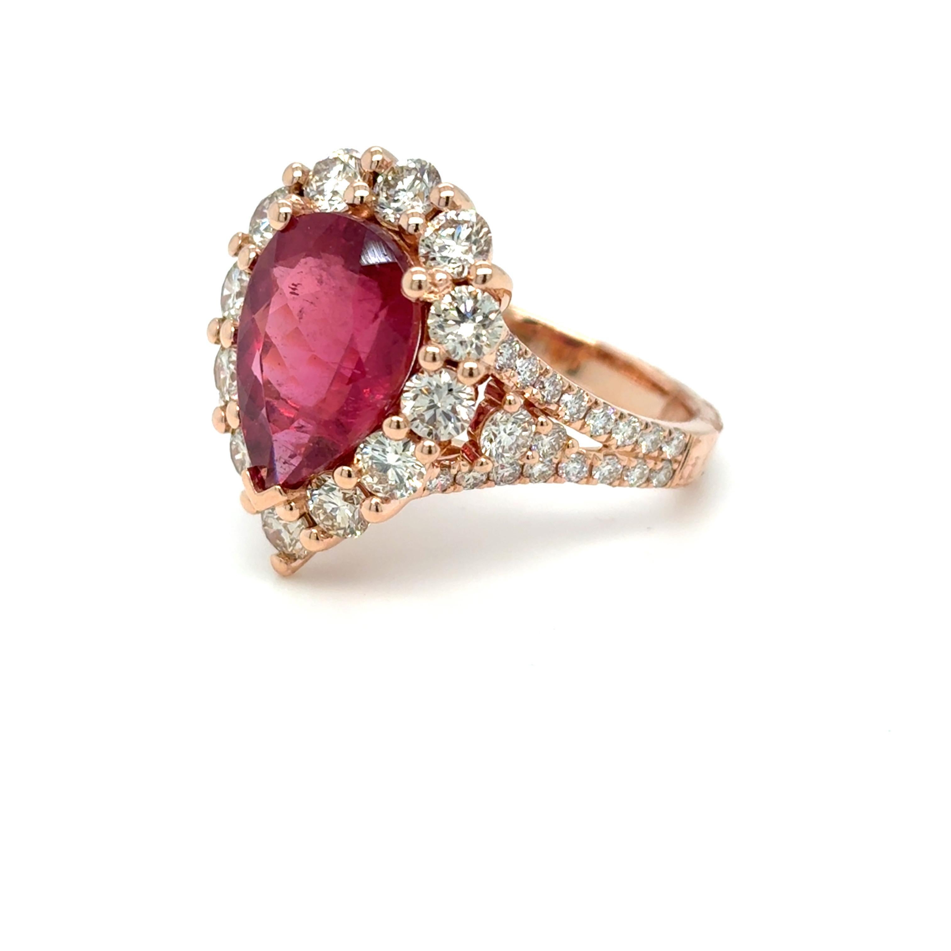 4.29 Carat Pear Cut Rubellite Diamond Rose Gold Cocktail Ring For Sale 2