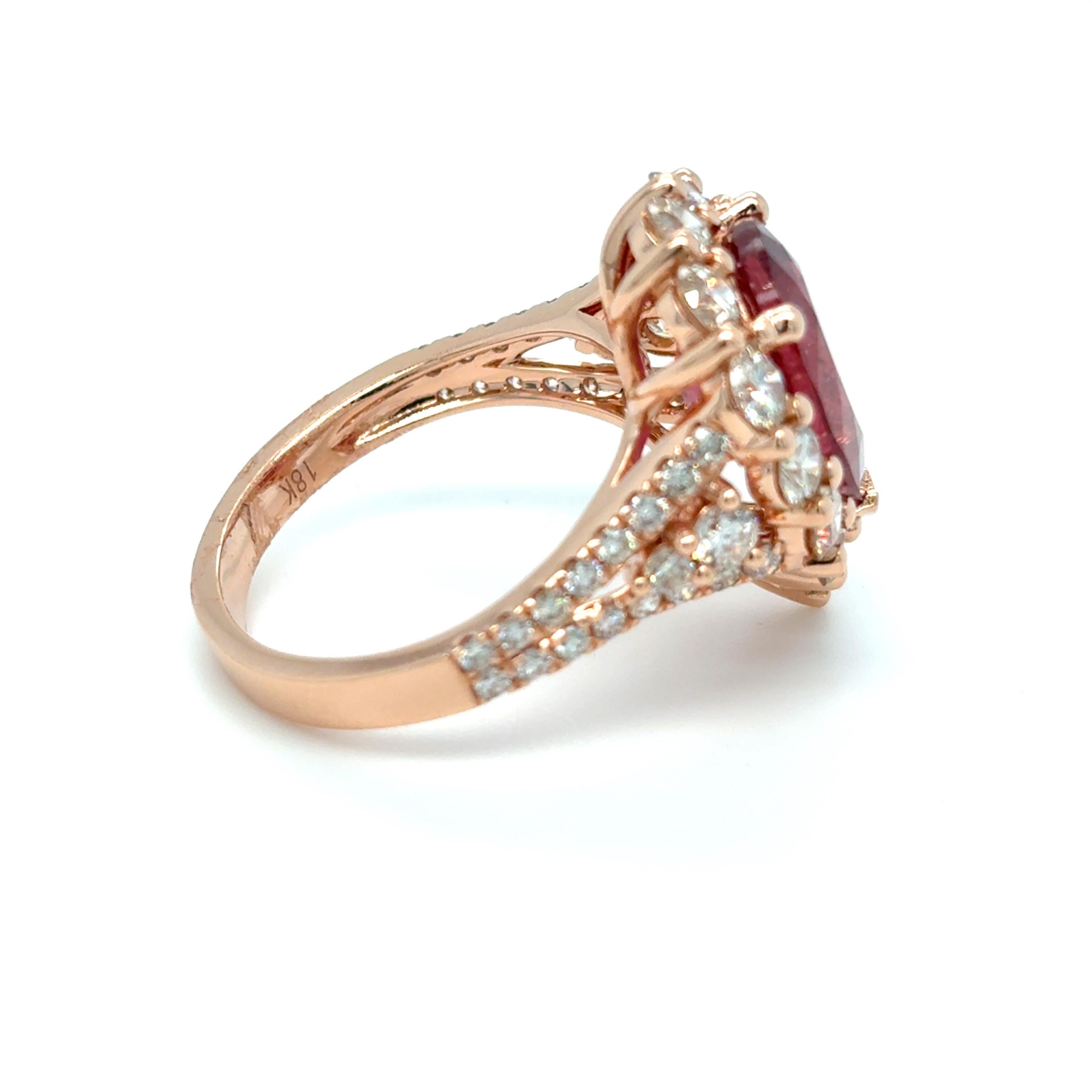4.29 Carat Pear Cut Rubellite Diamond Rose Gold Cocktail Ring For Sale 3
