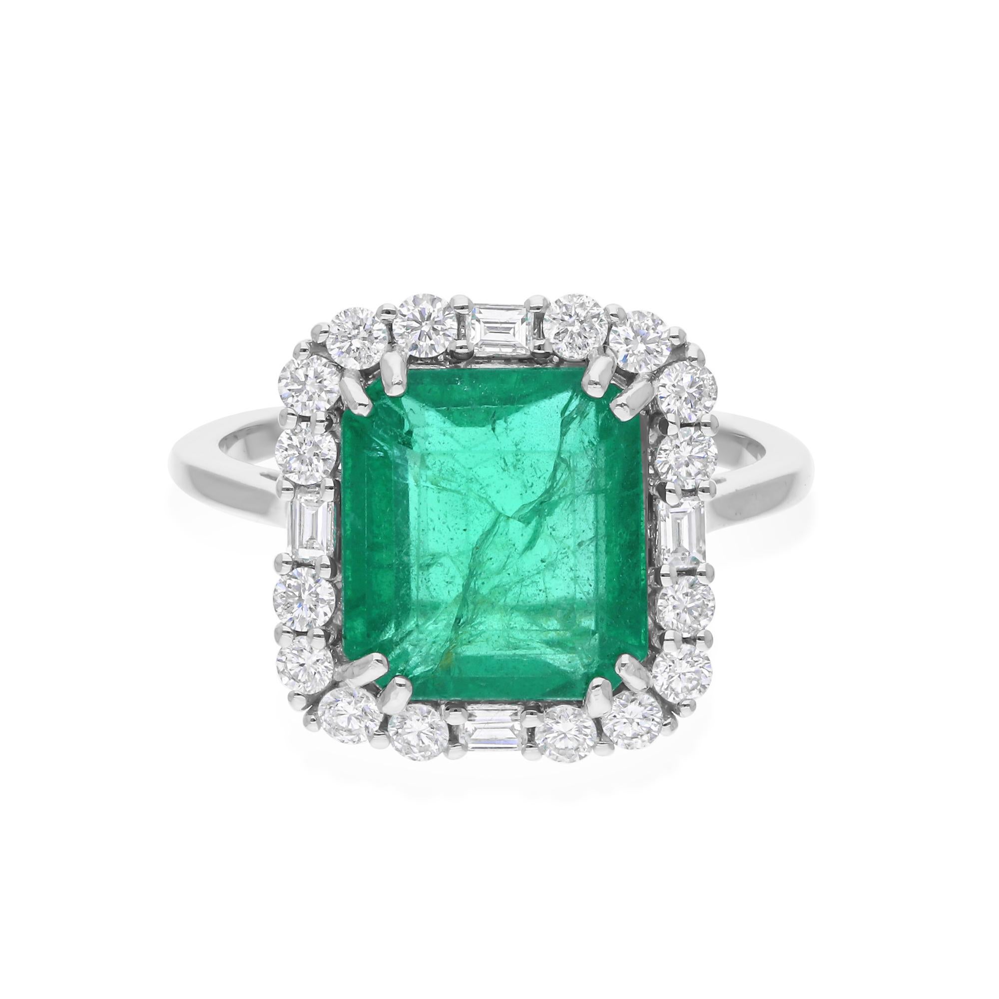 4,29 Karat sambischer Smaragd-Cocktailring 0,63 Karat. SI/H Diamant 14k Weißgold SI/H Diamant