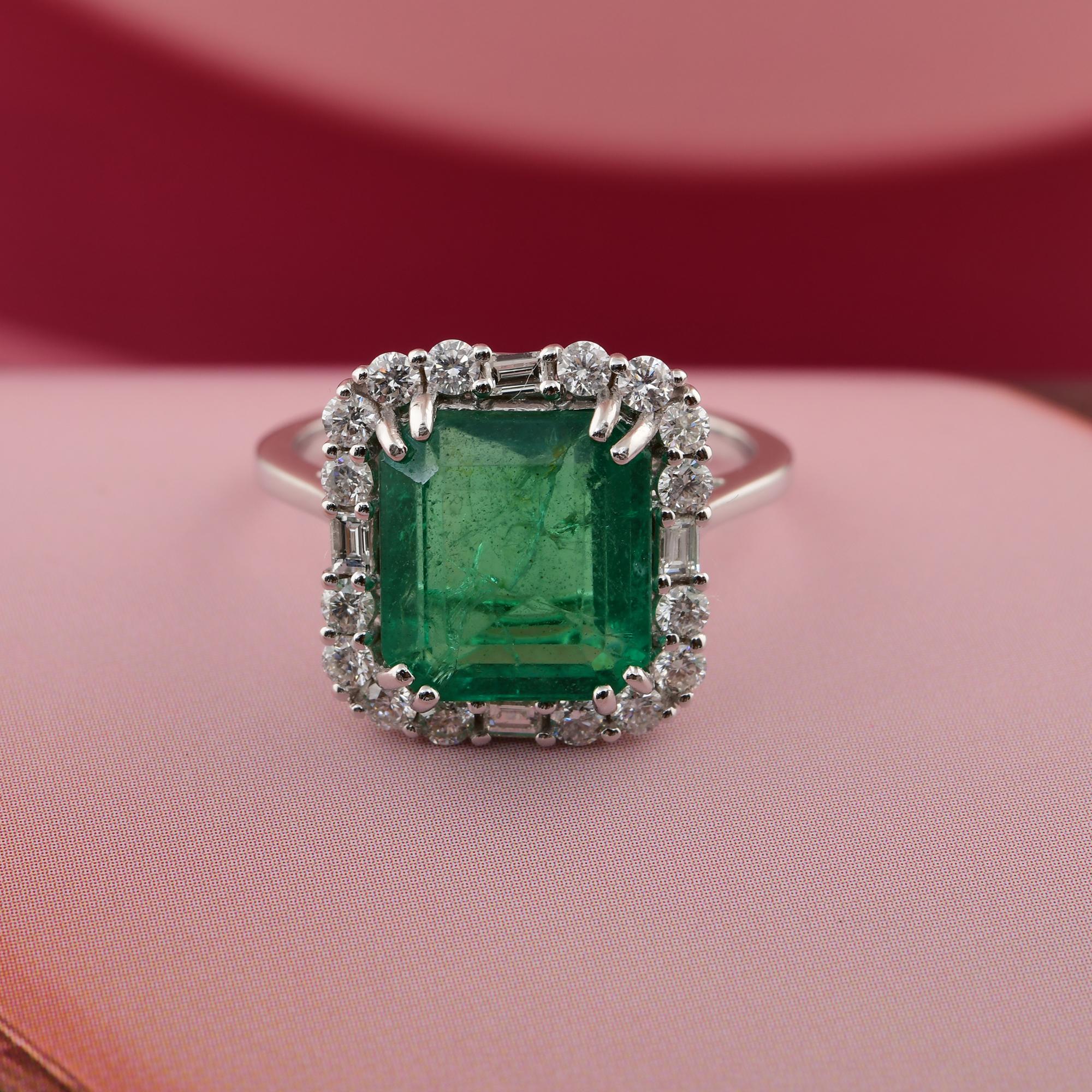 Emerald Cut 4.29 Carat Zambian Emerald Cocktail Ring 0.63 Ct. SI/H Diamond 18k White Gold For Sale