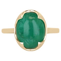 4.29ct 14K Oval Cabochon Emerald Solitaire Ring - Dark Green Four Prong 585 Gold