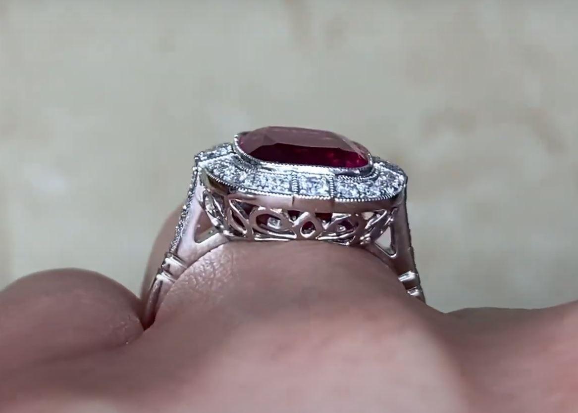 4.29ct Cushion Cut Rubelite Cocktail Ring, Diamond Halo, Platinum For Sale 3