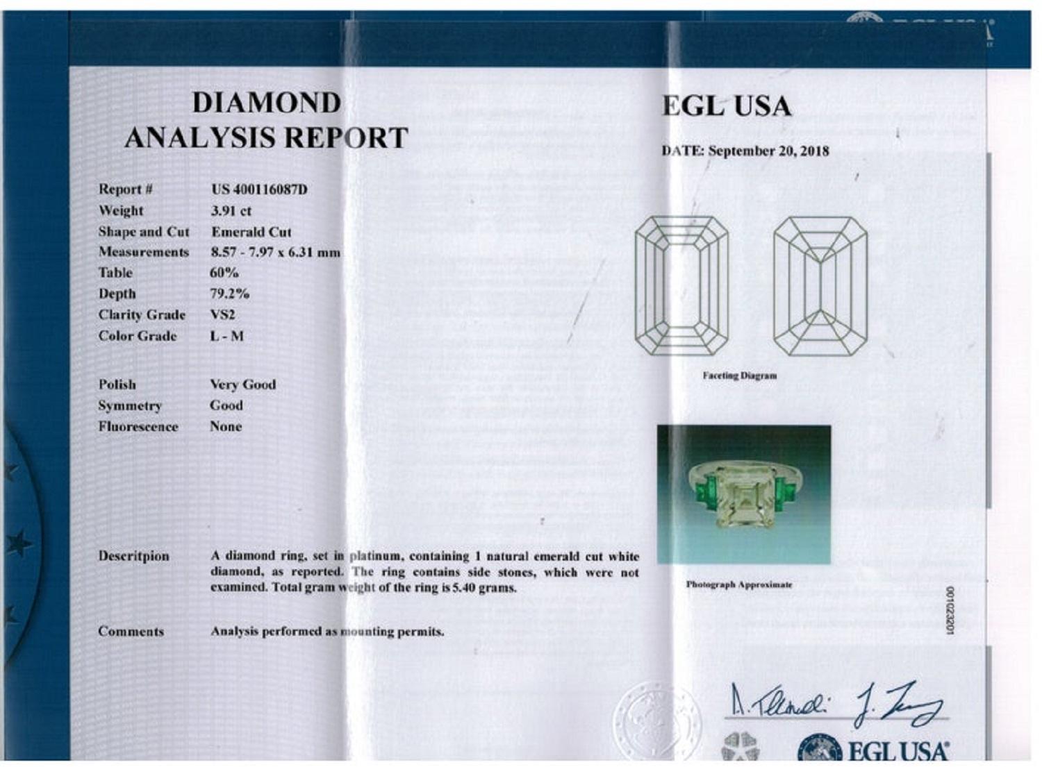 4.29 Carat Estate Vintage Asscher Diamond Wedding Platinum Ring EGL USA In Good Condition In New York, NY