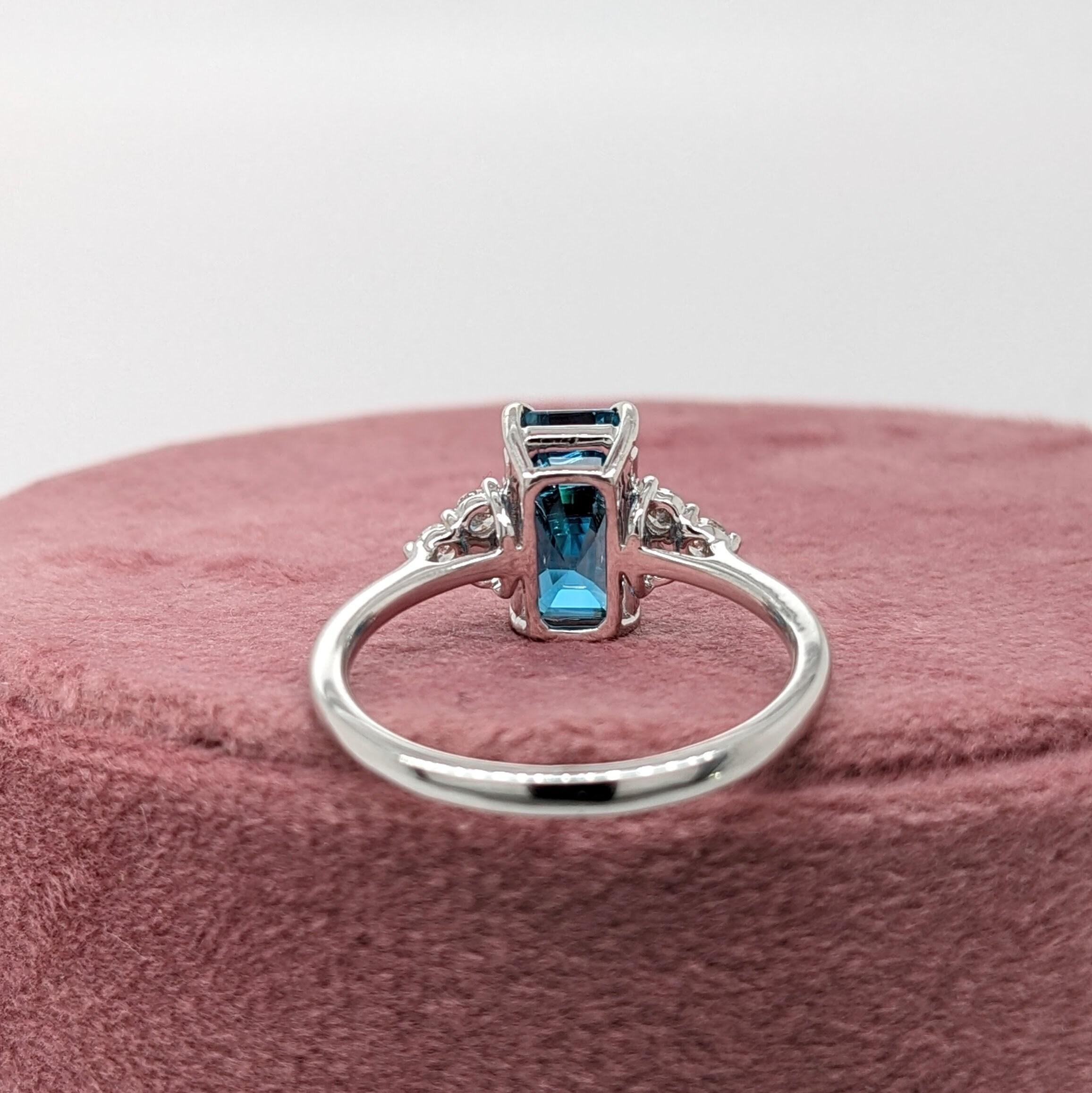 Modern 4.2ct Blue Zircon Ring w Earth Mined Diamonds in Solid 14K White Gold EM 9.5x6mm For Sale